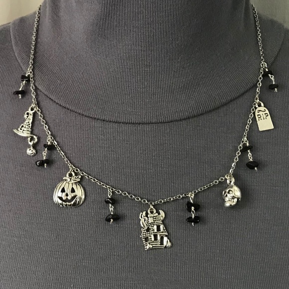 “All Hallows Eve" Handmade Silver Halloween Charm Necklace Haunted House Pumpkin - Picture 7 of 15